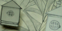 This illustration depicts a small forest of twisting trees. Attached to the trees are little houses which are elevated just off the plane of the trees. The underlying shadows create a three-dimensional effect.