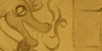 The Orange Cat sits at a drawing table within a large stone room -- like that of an old castle. A tapestry on the wall depicts a fierce dragon. A map is stretched across the surface of the drawing table and the cat is drawing upon it with a pen made specially for his paws. His gaze is distracted by the sight of the quarter moon outside a nearby window and the moonlit forest beneath.