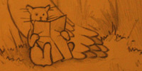 The scene is a forest. A large bird sits on the ground below many small trees. The Orange Cat rests against her left wing, apparently reading a map.
