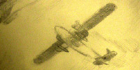 This image depicts a Consolidated P2Y-1 Ranger (Flying Boat) screaming into the sky at full power just over the tops of some unidentified jungle ruins. Beyond the P2Y-1, a great airship -- ZRS-5 -- hangs suspended in mid-air.